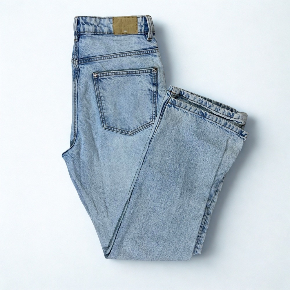 Zara High Rise‎ Straight Leg Light Wash Acid Blue Denim Jeans 41 Inch Length